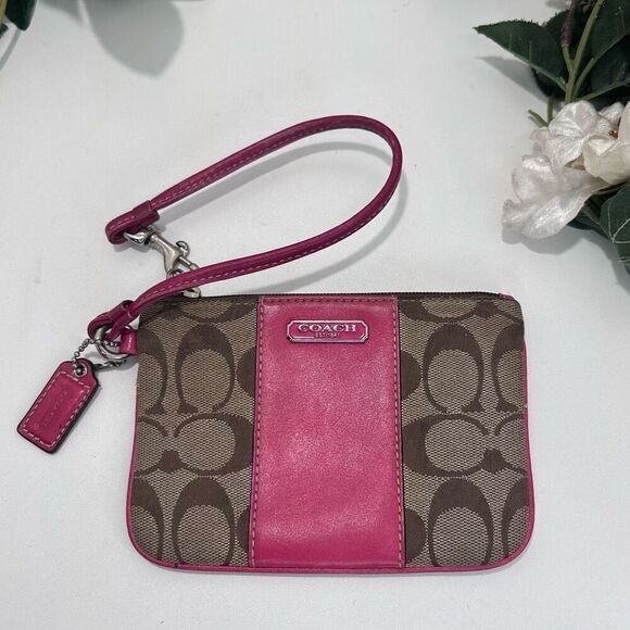 Coach Signature PVC Corner Zip Wristlet Wallet 7.5" Tan Logo Canvas Leather Trim - Picture 1 of 5